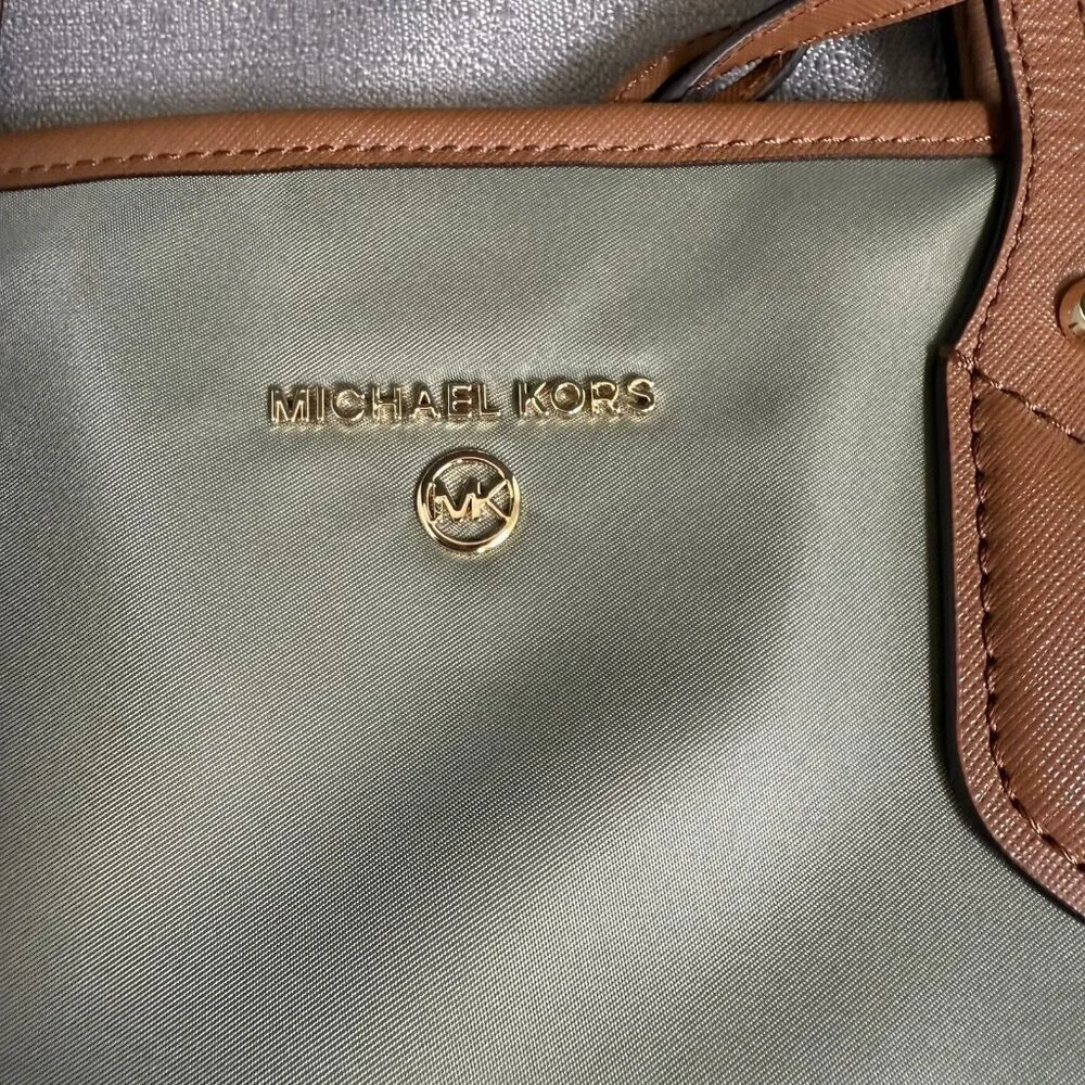 Michael Kors Eva Large Nylon Leather Tote Wh Match Pouch Army Green Timeless - Picture 12 of 16